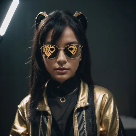 wearing gold frame reflective sunglasses {x} cyberpunk, black, golden and silver silk in the moonlight, big horn, go down the mountain tiger, knelt down on one knee: 6 miniature model ， wear gold frame reflective sunglasses ， Rouge complexion， very happy ，...