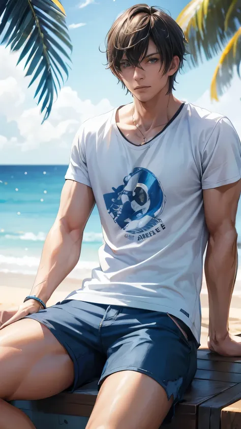 1boy, white t-shirt, jeans pants, right hand tattoo, detail body, full body, 8k resolution, cityscape, hair two block, skinny body, slim man with brown hair and a blue Hawaii shirt on, kacky shorts tucked in loosely –– at a leisurely beachside setting. The...