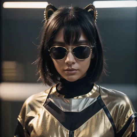 wearing gold frame reflective sunglasses {x} cyberpunk, black, golden and silver silk in the moonlight, big horn, go down the mountain tiger, knelt down on one knee: 6 miniature model ， wear gold frame reflective sunglasses ， Rouge complexion， very happy ，...