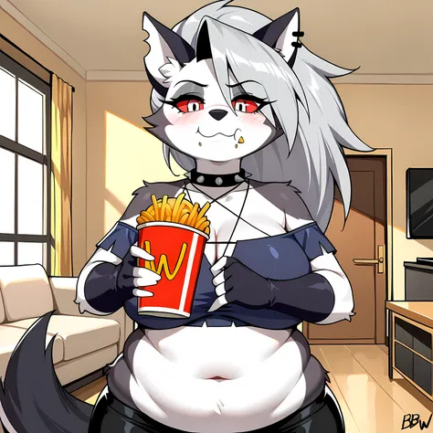 best quality, perfect face, loona_(helluva_boss), standing,((bbw)), looking at viewer with interest, living room, detailed eyes, fat neck, chubby face, ((furry)), eating fast food