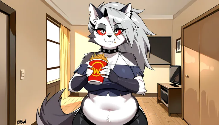 best quality, perfect face, loona_(helluva_boss), standing,((bbw)), looking at viewer with interest, living room, detailed eyes, fat neck, chubby face, ((furry)), eating fast food