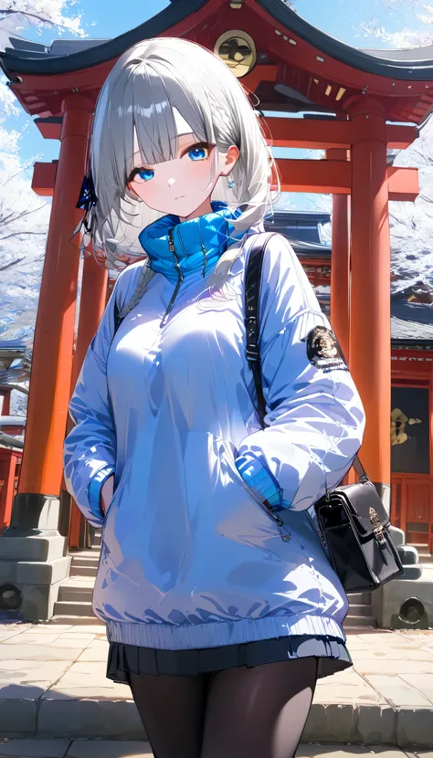 ((Bluish silver hair))、((Beautiful Blue Eyes))、 braids、 semi-long hair、(((Bundled hair ))) pretty casual winter clothes 、 Down Jacket、 brown blouse sweater 、 skirt 、 black tights 、 white sneakers、、 full body、Handbags、Background Hatsuyomi 、Background Shrine...