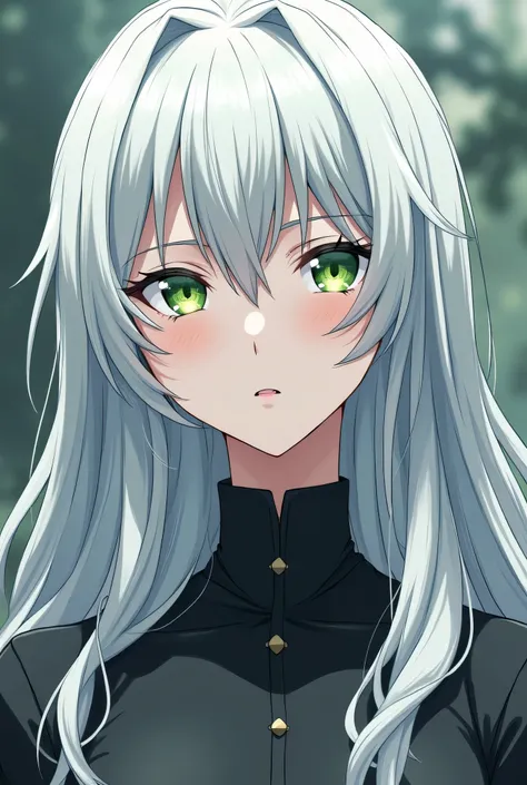 anime,  woman long silver hair,  green eyes, Cold look and would be a  