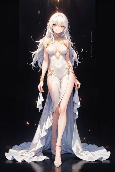 Golden Eyes、 beautiful women,  white dress,  beautiful white hair 、 long hair,  flirting,  Light Smile, fortune teller ,  realistic,  bright color,  high detail, UHD illustrations ,  perfect composition,  beautiful detailed intricate 、front、whole body、Good...