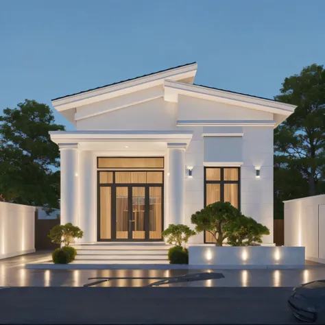 PLATFORM KTHOUSE, 1 morden WHITE house,1large yard, 1 road runs in front of the house, (RAW photo, real, best quality, masterpiece:1.2), look morden minimalist, 1 road in front of the house, dynamic lighting:1.3, (hyper realistic, photo-realistic:1.2), hig...
