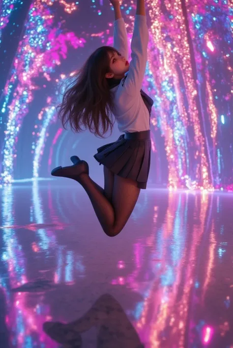  the floor reflects colorful lights , a lady in skirt and dress, jumping and holding on to something above her, 1girl, pantyhose, panties, underwear, Alone, skirt, panties under pantyhose, school uniform, black hair, black pantyhose, is, from behind, pleat...