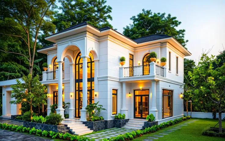 neo classical villa on street, (sunset), tropical tree, vivid colour, streetcapes, black detail, white wall, large glass door, warm interior lighting, wood and marble, best quality,