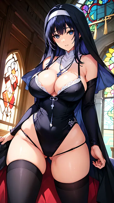 (( multiple women 、 woman、 mom in health、nun、Monastic Clothes、Dark blue hair、 medium hair、 wolf cut、 Layered Cut 、白い high legレオタード、 high leg、 Rosary Necklace 、 black knee high socks、 cool women、Big Breasts、 cleavage in years、 Seductive Thighs、 big butt、A w...