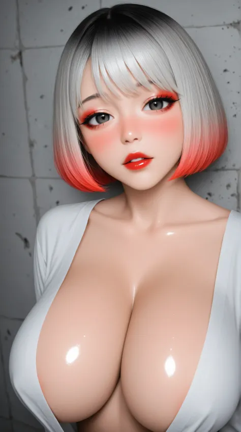 one girl, An ennui look、Upper body angle、 concrete background、bob cut、 short hair, colorful hair, compensate, parted lips, red lips, eyeliner grain, a black and white photo:1.3、RAW photo)))、highest quality、ultra high resolution、masterpiece、background blur,...