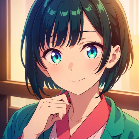 (( top quality )), ((masterpiece)), (  Details), smile, 1 girl,perfect hand, perfect eyes,Glowing Skin, black hair,Inner hair ,Inner color green, bob hair, shorts , jacket, face up,