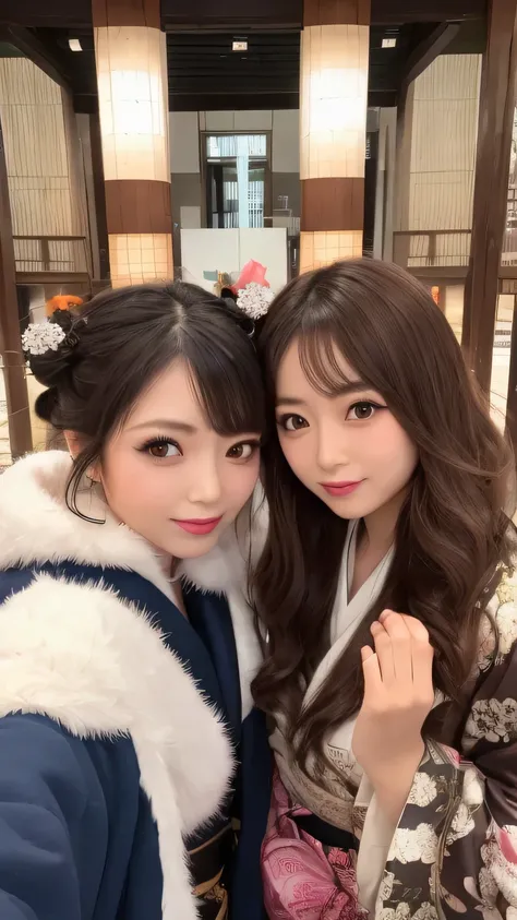 2 womans, japanese gal influencers are standing and wearing a gorgeous kimonos like those worn by oiran  with big ribbons bun hair style and muffler with fluffy fur accents, Cluttered temple likes room, gel nails,close up to their face, selfie, instagram
