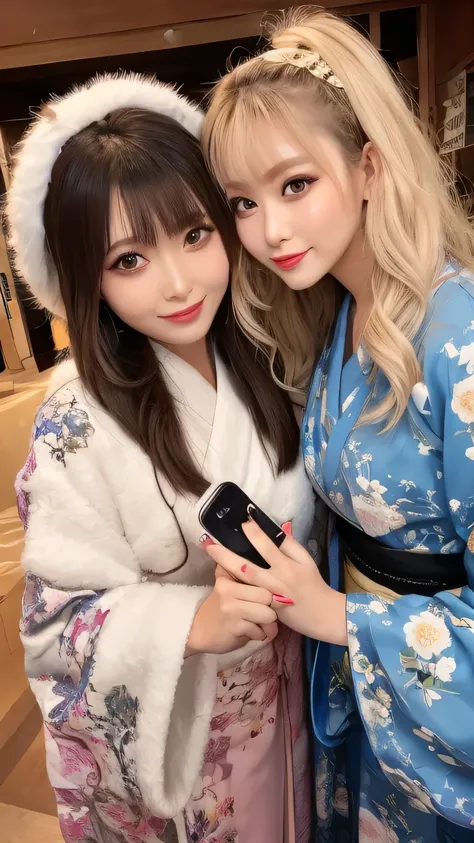 2 womans, japanese gal influencers are standing and wearing a gorgeous kimonos like those worn by oiran  with big ribbons bun hair style and muffler with fluffy fur accents, Cluttered temple likes room, gel nails,close up to their face, selfie, instagram
