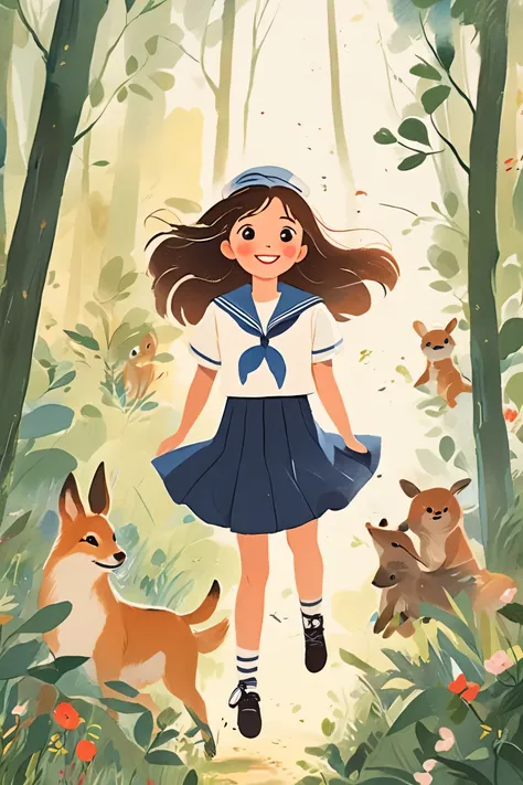 Illustration on the theme of peace and harmony、Lots of forest animals and beautiful girls 、Beautiful girl in a sailor uniform 、 longhair 、 Santiago Carso style ， jumping girl drawn in the lower right corner of the screen 【 flat coating 】-
 (( top quality )...
