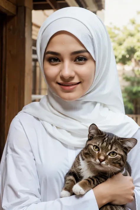 a hijab woman holding a cat, white hijab, smile, cowboy shot, close shot, cat persian