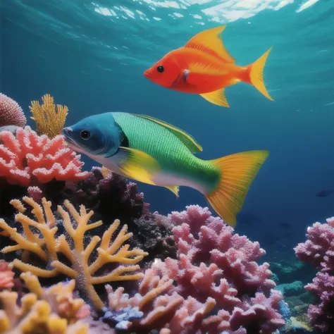 a close up of a fish in a coral reef with neon lights, harmony of neon glowing coral, colorful fish, beautiful deep colors, exotic fish, deep lush vivid colors, deep vibrant colors, colorful coral, high detailed), coral reef, fish are glowing in the ocean,...