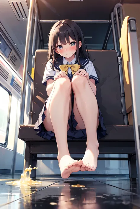 (Photorealistic), (masterpiece), (highest quality), (detailed), (one girl), schoolgirl, school uniform, short skirt, full body,  Sitting in train , lots of yellow pee, (peeing blush), embarrassed, puddle of pee at feet, (From below:1.2)