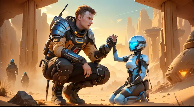 a close up of a person kneeling down next to a person, face of person should be clear and realistic,  scene from dune 2 0 2 1 movie, alena aenami and android jones, by Daryush Shokof, film still from dune 2020, greg beeple, film still from movie dune-2021,...