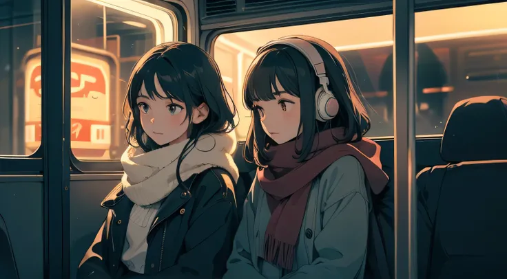 A cozy nighttime scene inside a bus. A girl dressed in warm clothing, including a thick coat and scarf, sits at the back of the bus. She is wearing headphones, immersed in music, while gazing out of the window at the city lights reflecting on the glass. He...