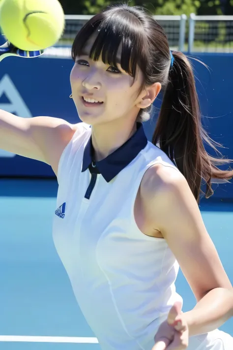A young female tennis player dressed in a sleek blue tennis outfit stands ready, with her white undergarments visible. gripping her tennis racket with both hands in a poised and focused stance. The sunlight highlights the crisp lines of her attire and the ...