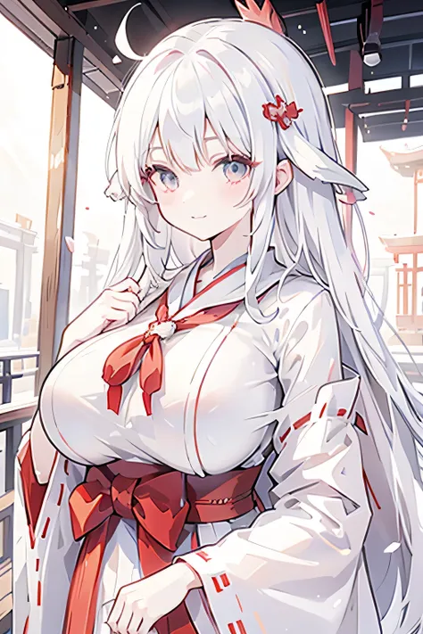 A shrine maiden with very big breasts, white hair, less exposed hair, and a clean smile