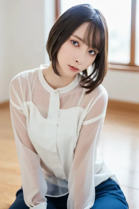 A young person sits on the polished wooden floor of a brightly lit gymnasium, their knees pulled close to their chest with arms wrapped securely around their legs. White panties are visible. The soft light from tall windows reflects off the glossy floor, c...