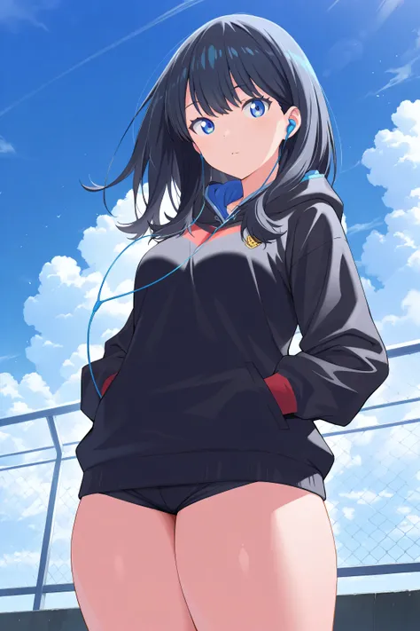 masterpiece,best quality,game cg,1girl,takarada_rikka,gridman_universe,ssss.gridman,solo,black_hair,blue_eyes,straight_hair,hair_between_eyes,long_hair,(thick thighs:1.1), medium breasts, black hoodie, micro shorts, hands_in_pockets, cloud, cloudy_sky, sky...