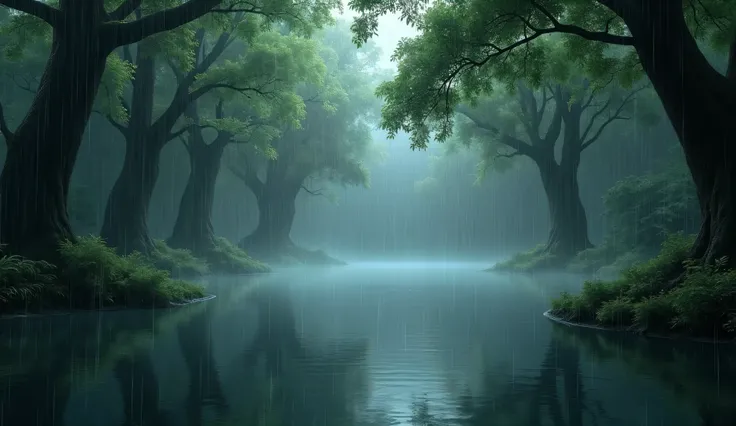 Raining heavily, large raindrops, trees around a pond