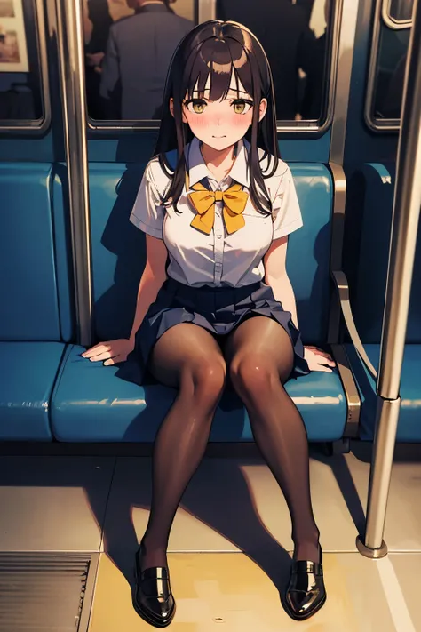 (Photorealistic), (masterpiece)), (highest quality), (detailed), (one girl), schoolgirl, school uniform, short skirt, full body,  Sitting in train, lots of yellow pee, (peeing blush), embarrassed, puddle of pee at feet, Pantyhose,