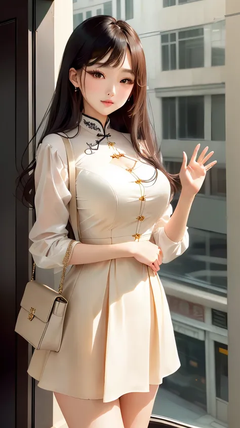 Carafe woman in a dress waving in front of a window, Elegantly dressed , Graceful hands,  cute and elegant poses , miniskirt china、 miniskirt、Elegant slim beige shirt,  Korean female fashion model , wearing an  elegant dress,  elegant dress,  thin waist,  ...