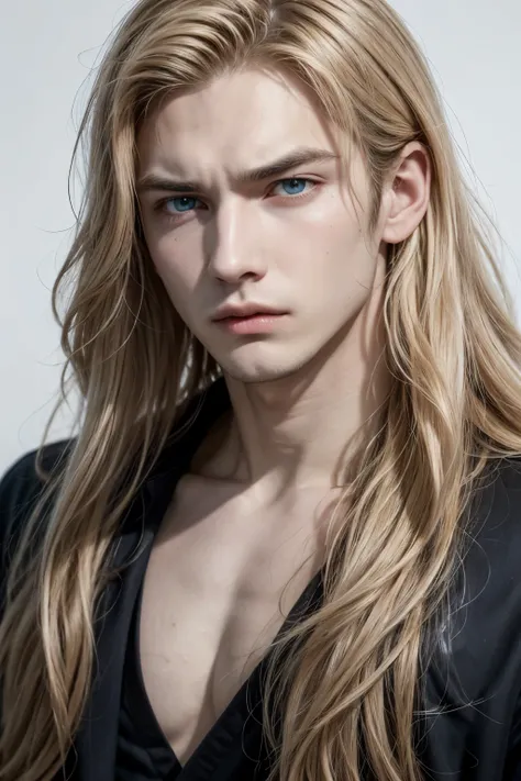 Son of Apollo ,  Male male,  long wavy blonde hair ,  square male face and marked ,  perfectly almond-shaped eyes , full lips mens ,  with a furrowed and marked brow, anger,  black shirt and blue dress pants white background.