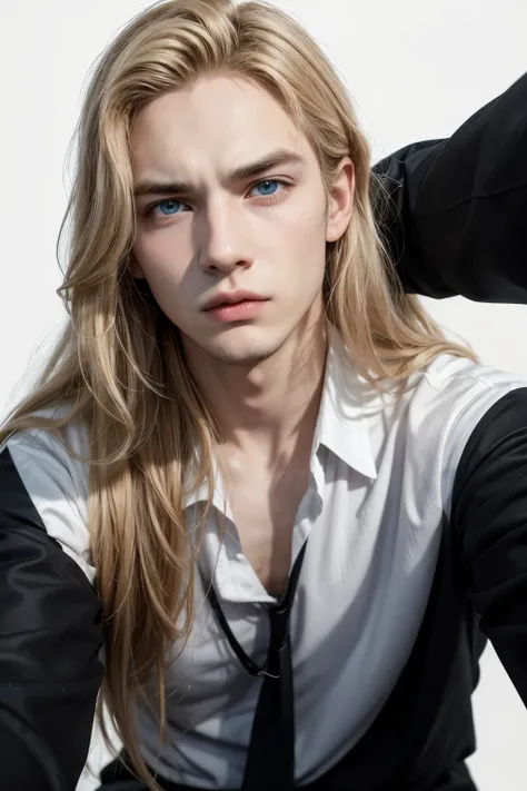 Son of Apollo ,  Male male,  long wavy blonde hair ,  square male face and marked ,  perfectly almond-shaped eyes , full lips mens ,  with a furrowed and marked brow, anger, black shirt and blue dress pants, posing for selfie,  white background.