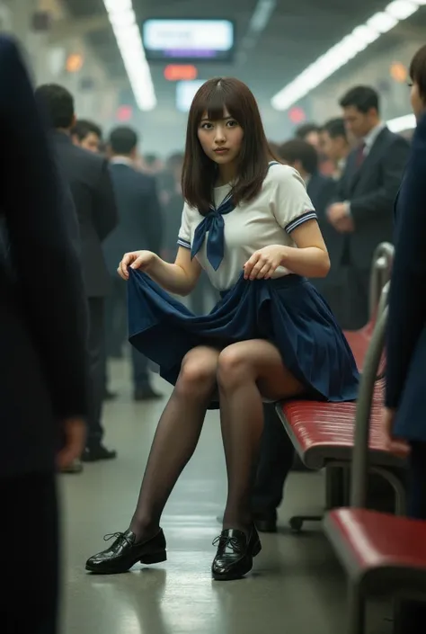 A woman in a high school uniform sits with her legs spread and lifts her skirt , wearing Pantyhose and Lofer, Its live-action, in train station,