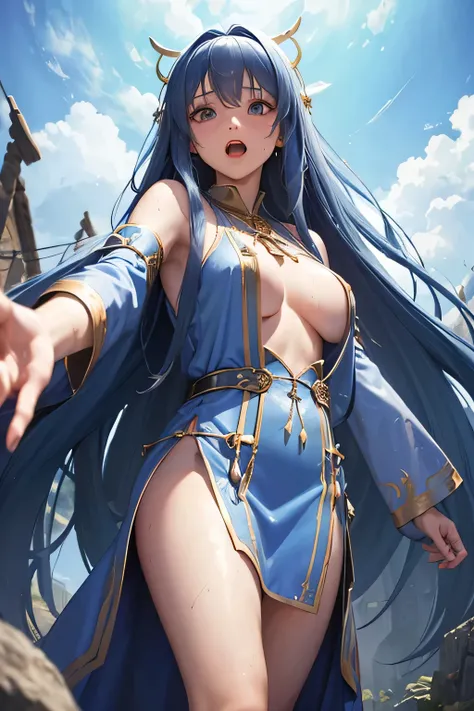 Female priestess,robe, long ((blue)) hair, ((mini skirt)),((photo taken from below)), (Village), (casting a spell),(open mouth),(((raise one arm))),(Naked),(((back view))),(tits),Mud stained, bloody, sweaty.