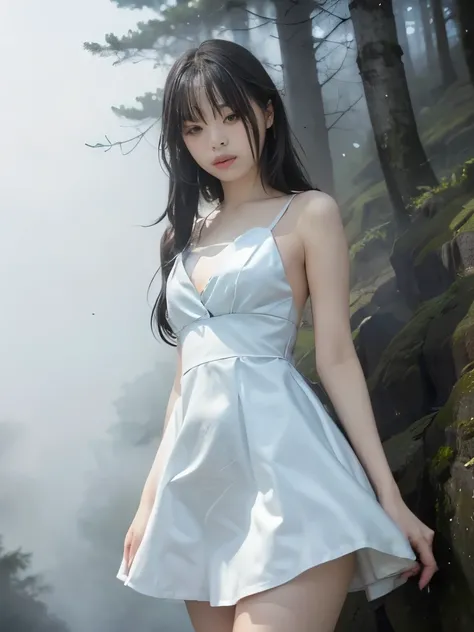 (Best Quality, 16k, Realistic:1.2),  Japanese teenage girl in a misty forest at night , (Detailed skin, Sweet Dress), (Long Hair:1.3, Short bangs), (Mysterious lighting , Thick Fog:1.4),  16K film-like ,  captures the essence of a Japanese teenage girl in ...