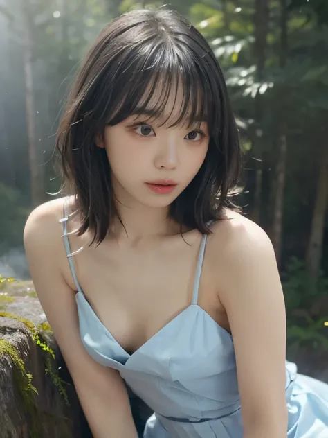(Best Quality, 16k, Realistic:1.2), Japanese teenage girl in a misty forest at night , (Detailed skin, Sweet Dress), (Long Hair:1.3, Short bangs), (Mysterious lighting , Thick Fog:1.4), 16K film-like , captures the essence of a Japanese teenage girl in ...