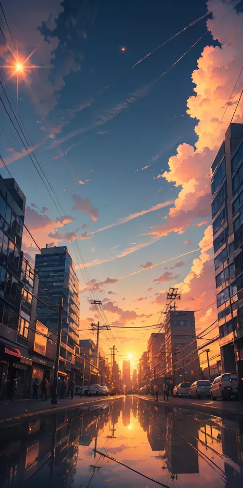 octans, no humans, scenery, cloud, sky, reflection, outdoors, sunset, signature, cloudy sky, sign, utility pole, building, power lines, road sign, blue sky, mirror, city, sun, cityscape, horizon, lens flare