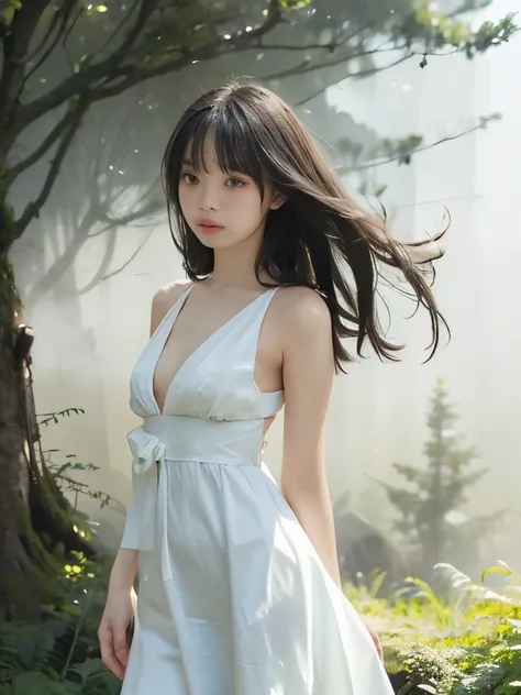 (Best Quality, 16k, Realistic:1.2), Japanese teenage girl in a misty forest at night , (Detailed skin, Sweet Dress), (Long Hair:1.3, Short bangs), (Mysterious lighting , Thick Fog:1.4), 16K film-like , captures the essence of a Japanese teenage girl in ...