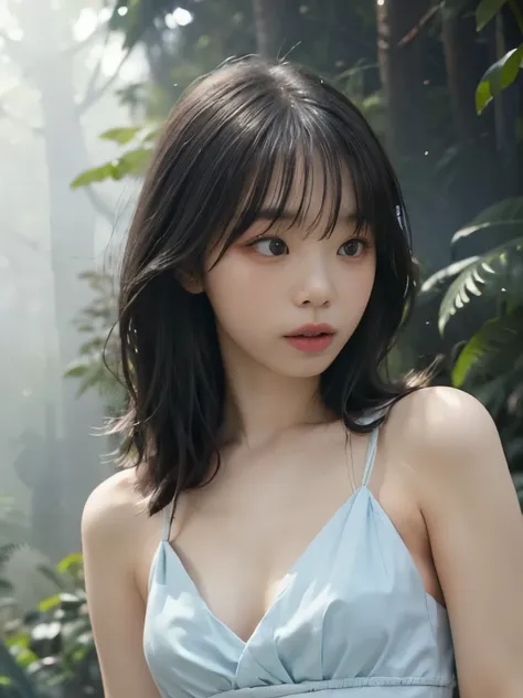 (Best Quality, 16k, Realistic:1.2), Japanese teenage girl in a misty forest at night , (Detailed skin, Sweet Dress), (Long Hair:1.3, Short bangs), (Mysterious lighting , Thick Fog:1.4), 16K film-like , captures the essence of a Japanese teenage girl in ...
