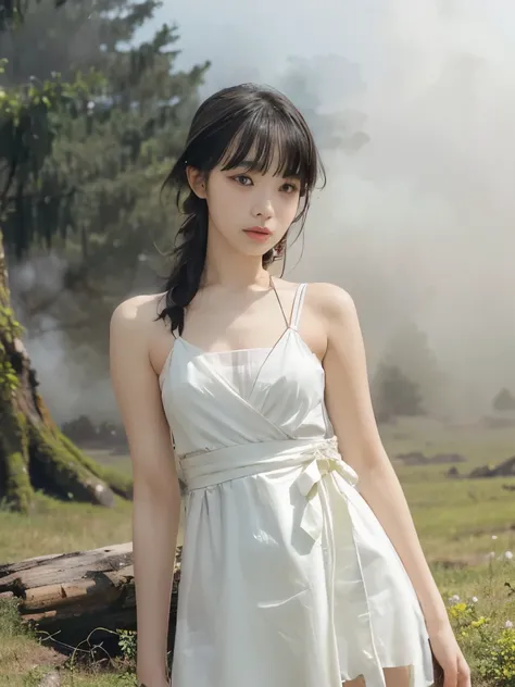 (Best Quality, 16k, Realistic:1.2), Japanese teenage girl in a misty forest at night , (Detailed skin, Sweet Dress), (Long Hair:1.3, Short bangs), (Mysterious lighting , Thick Fog:1.4), 16K film-like , captures the essence of a Japanese teenage girl in ...