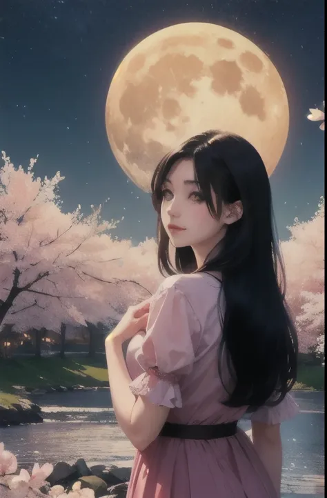 masterpiece, best quality, night, mountain, full moon, long black hair, European woman, firefly, stars, mysterious cherry blossom tree, pink leaves, high quality, beautiful graphics, high detail