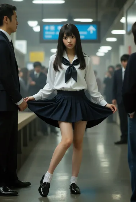 A woman in a high school uniform sits with her legs spread and lifts her skirt , wearing Pantyhose and Lofer, Its live-action, in train station,