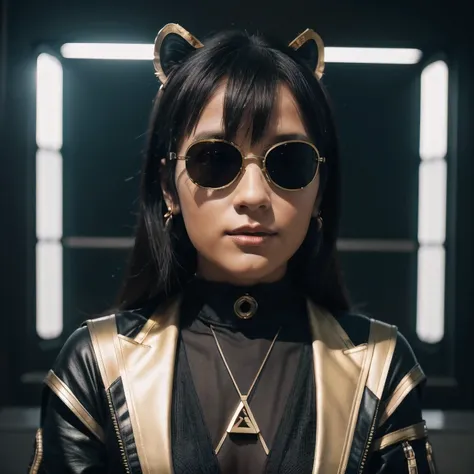 wearing gold frame reflective sunglasses {x} cyberpunk, black, golden and silver silk in the moonlight, big horn, go down the mountain tiger, knelt down on one knee: 6 miniature model ， wear gold frame reflective sunglasses ， Rouge complexion， very happy ，...