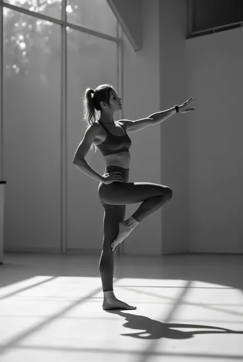  a woman in a black and white photo is doing a yoga pose, classical dancer in a pose , female dancer, Ballett-Pose,  dynamic dance pose , playful pose of a dancer, powerful pose, pointe posture, graceful body structure,  standing athletic pose , Ballett-Po...