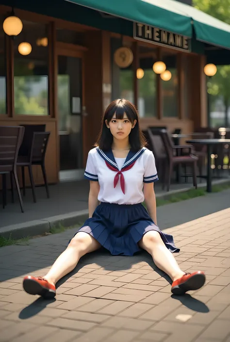 A woman in a high school uniform sits with her legs spread and lifts her skirt , wearing Lofer, Its live-action, in cafe terrace, peeing 