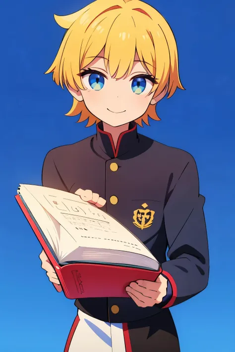 Read aloud 、Looks kind　male 　Alone　anime-like touch 、 Calm standing figure 　Face close-up 　Smile　 bright 
Simple background laughing　I have a book that shows everything in my head 