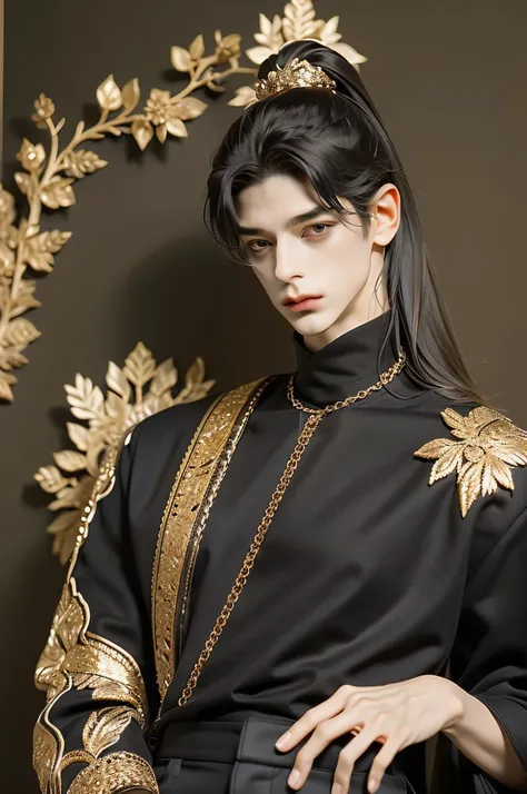 A pretty handsome, delicate, Skinny Male, black hair, high ponytail, Slender and thin body, Delicate and soft facial features, soft_light, pointy ears, assassin, killer, Wearing a black Chinese vintage killer outfit, ((fancy luxurious black top and black p...