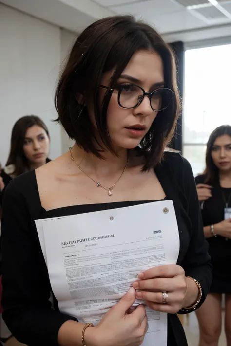 Create 25-year-old cute white girl with short black hair with sexy ceo full coat suit outfit with black sunglassess with full makeups and bangles talking angrily with her employees with documents asking everyone for loss shouting everyone throwing document...