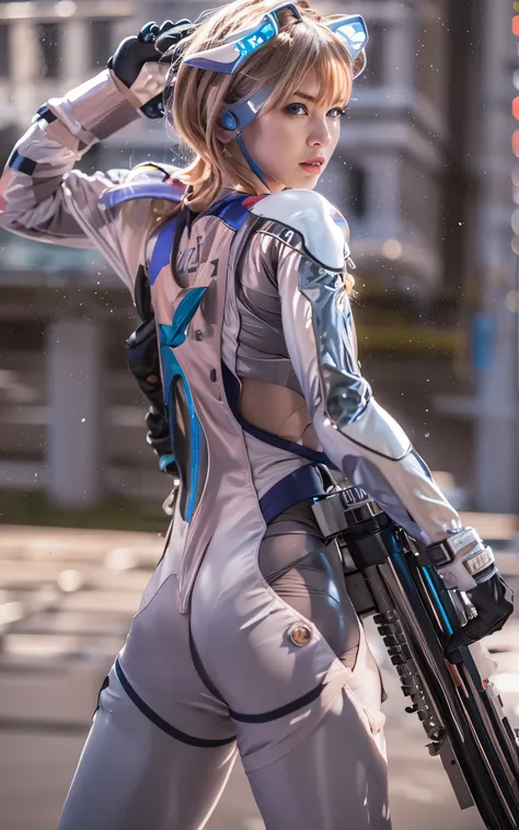 ((Best Quality)), ((masutepiece)), (Detailed: 1.4), (Absurd), Caucasian female fighter pilot ready for war, front walking, muscular sculptural body defined, Closed mouth, muscular body covered by technological clothing, Cyberpunk, ((perfect large breasts))...