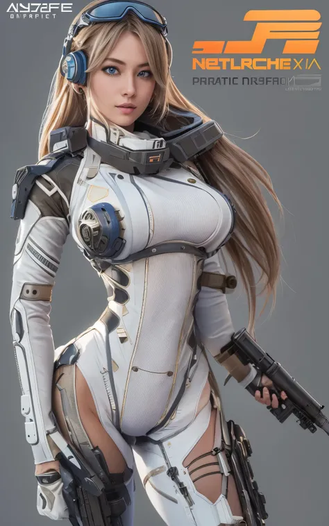 ((Best Quality)), ((masutepiece)), (Detailed: 1.4), (Absurd), Caucasian female fighter pilot ready for war, front walking, muscular sculptural body defined, Closed mouth, muscular body covered by technological clothing, Cyberpunk, ((perfect large breasts))...