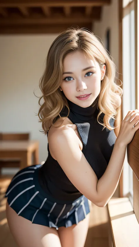  Ideal beautiful Hot woman, blonde hair (((25 years old, wavy hair, wide hips, big butt, sultry, flirty smile, flirty eyes, flirty expression, perky breasts, sleeveless turtleneck and pleated skirt))) comforting the viewer, Highly detailed eyes, in an roma...